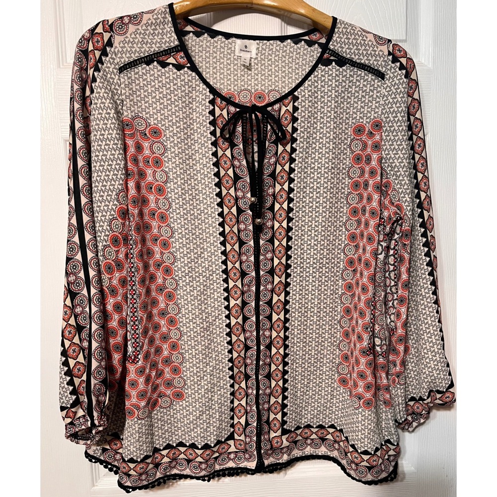 Dressbarn Womens 2X Red Black Medallion Print Tie Neck Peasant Blouse Pom Trim